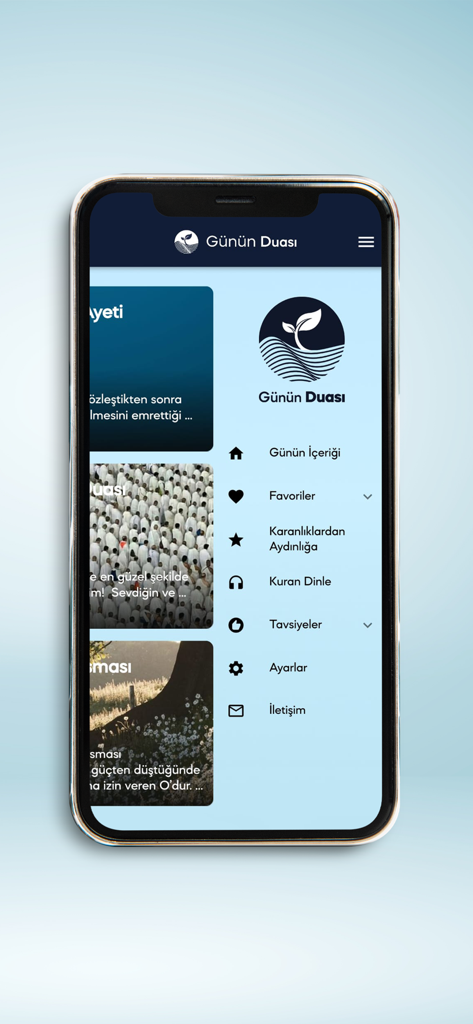 トルコ語の宗教コンテンツカテゴリを含むサイドバーメニューを表示するiPhone上のGunun Duasiアプリのメインインターフェイス