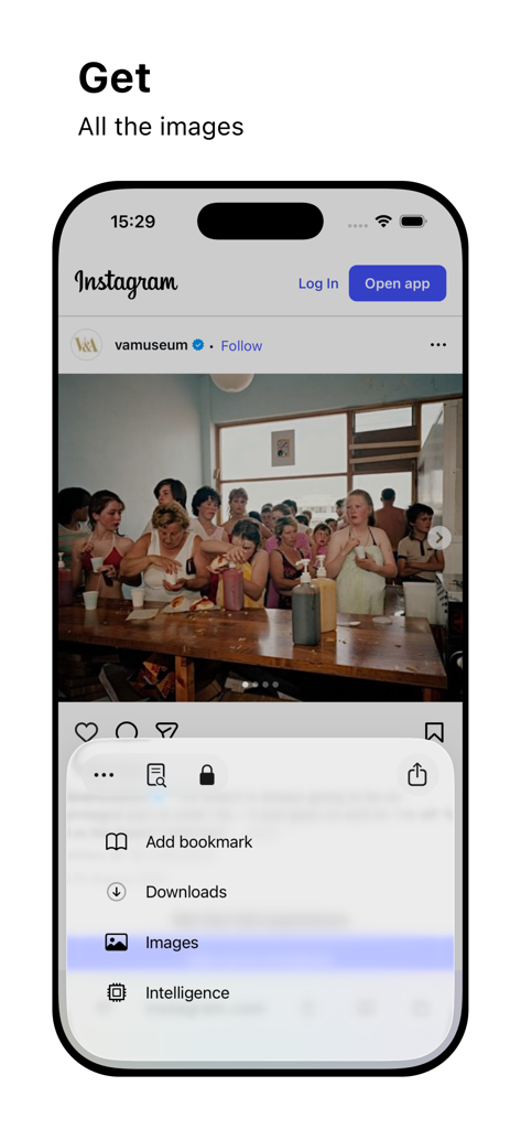 Web Browser - Web Browser app interface showing the bottom menu with the Images extraction feature highlighted while browsing Instagram.