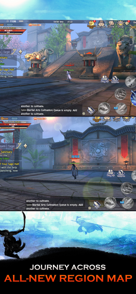 Sword of Shadows - In-game screenshots of Sword of Shadows showcasing traditional martial arts architecture and a new region map announcement.