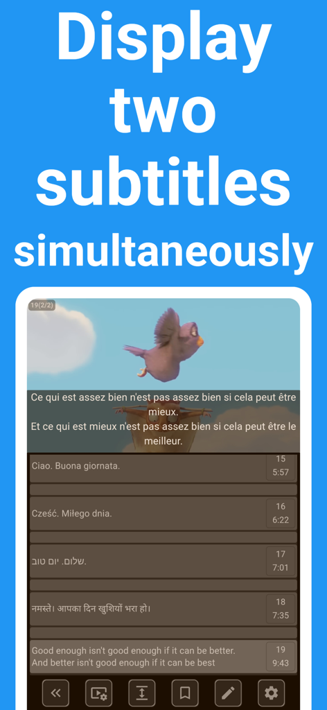 Shadowing Player: Languages - A mobile app interface displaying two subtitles simultaneously on a video for language learning practice.