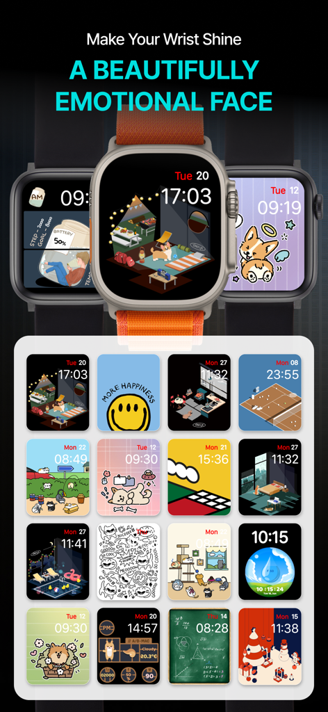 TIMEFLIK Watch Face - Una variedad de esferas estéticas y emocionales para Apple Watch mostradas en una cuadrícula dentro de la aplicación TIMEFLIK