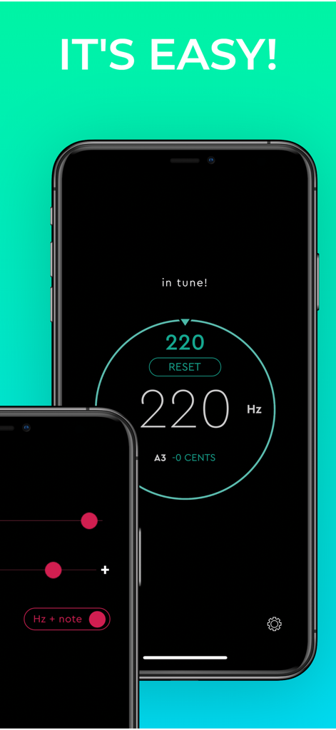 Smartphone exibindo o aplicativo drum tuner EZ com uma leitura de frequência de 220 Hz e status de afinado