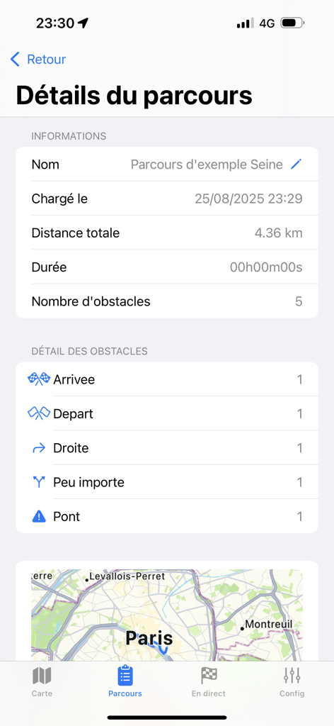 Canoe Kayak - Interface of the Canoe Kayak app displaying route summary information and marked river obstacles