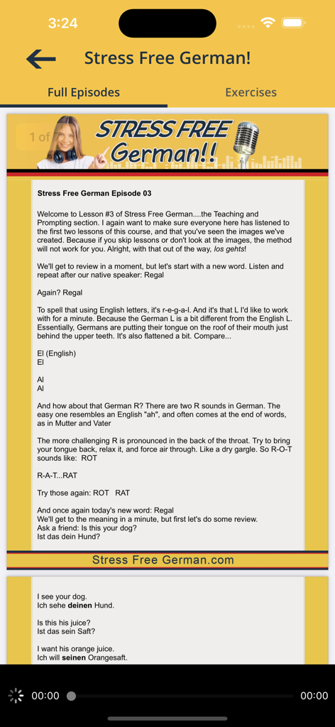 ストレスフリー・ジャーマンアプリのドイツ語発音レッスン画面。