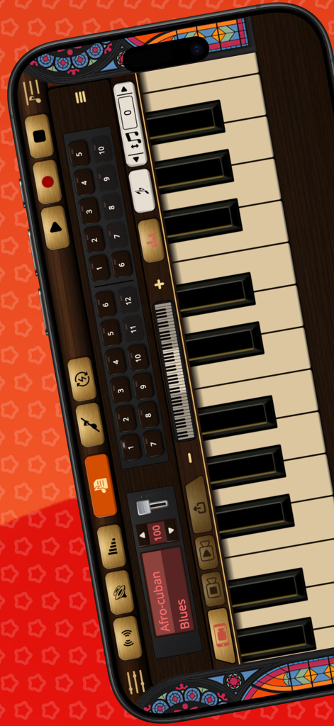 Pipe Organ - Interfaz de la aplicación Órgano de Tubos que muestra un teclado virtual y controles de música