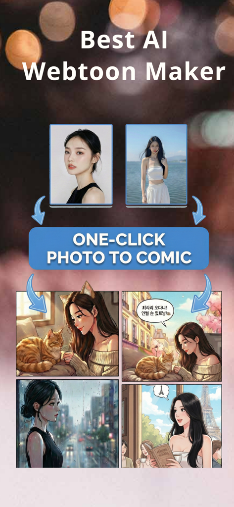 Catoon: AI Webtoon Comic Maker - A showcase of the Catoon app feature that converts real photos into professional Korean webtoon style comic panels with a single click.