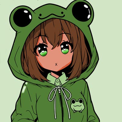 an anime girl wearing a frog hoodie