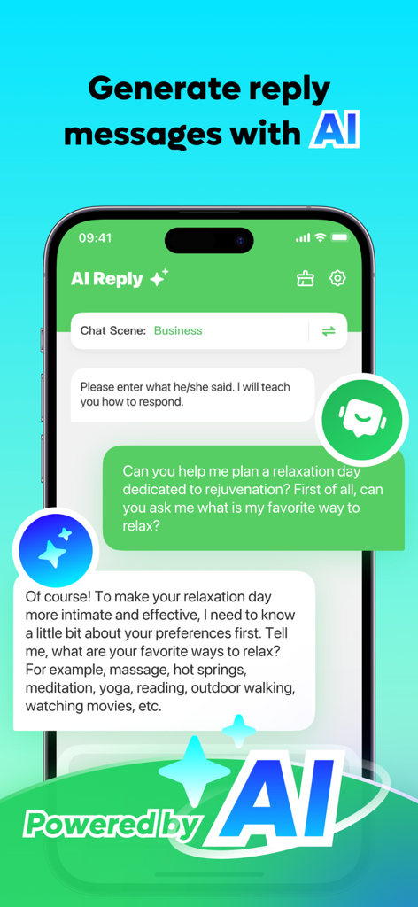 A smartphone screen displaying the AI Reply feature from AIBooster generating automated responses for a business chat