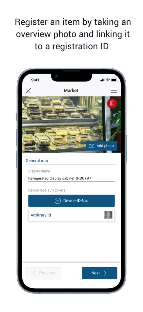 FieldAgent 3.0 - FieldAgent 3.0 app interface for registering a supermarket refrigeration unit with photo and ID.