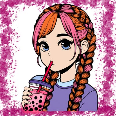 realistic girl with braided hair drinking boba