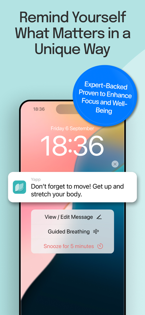 Yapp Random Reminders - iPhoneのロック画面に、集中力とウェルネスのためのストレッチを促すYappのランダムリマインダー通知が表示されています。