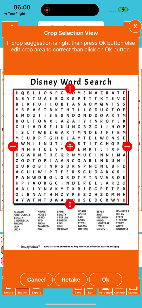 Word Search Solver AI Omniglot - Interface for cropping a Disney word search puzzle in the solver app.
