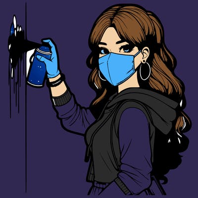 realistic girl with mask spray painting a wall