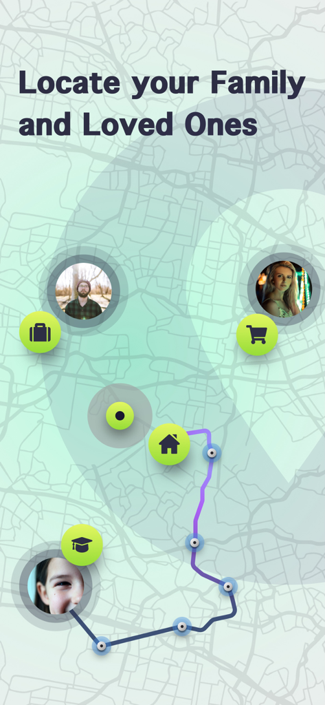 Placeter app map showing the real-time location of family members and loved ones with icons for home and school