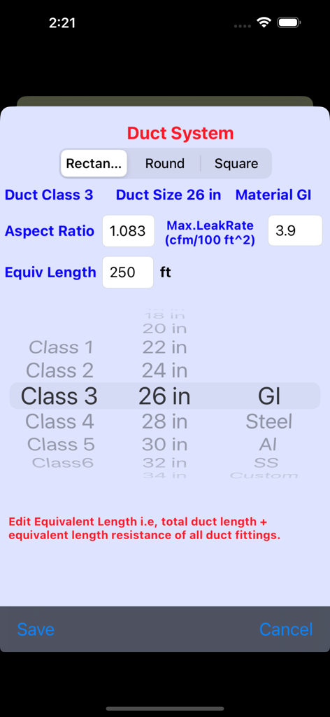 Fan Spec Performance - Duct system configuration screen for selecting material and size in Fan Spec Performance app