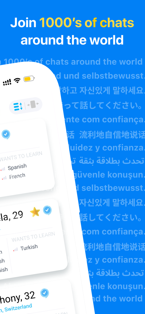 Idyoma: Language Exchange - Idyoma app interface showing profiles of language learners and the headline Join 1000s of chats around the world
