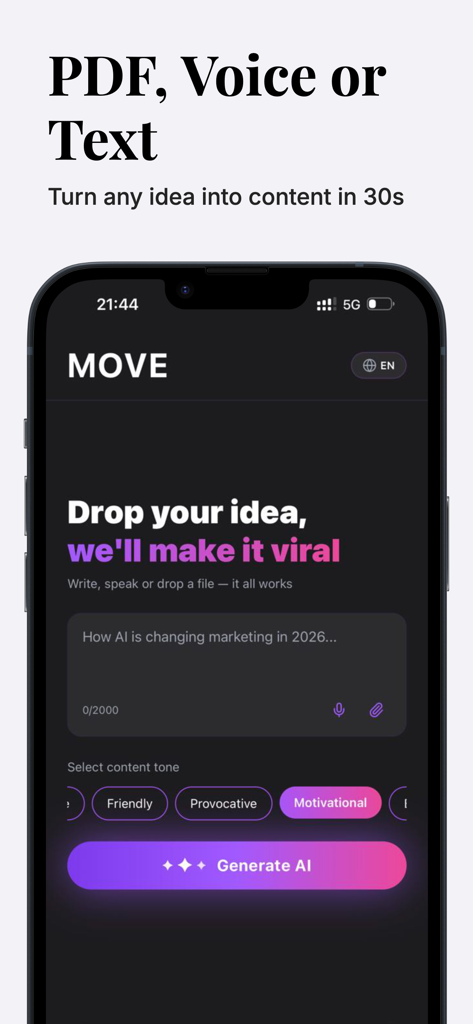 MOVE:AI Carousel & Reels Maker - Interface of MOVE AI app showing options to turn PDF voice or text into viral content with different tone selections