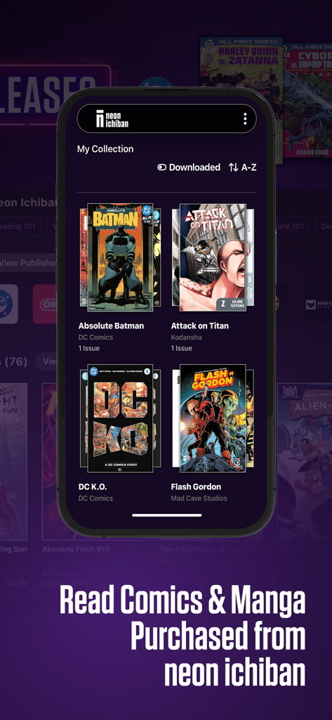 Neon Ichiban - Neon Ichiban mobile app interface displaying a collection of digital comics and manga like Batman and Attack on Titan.