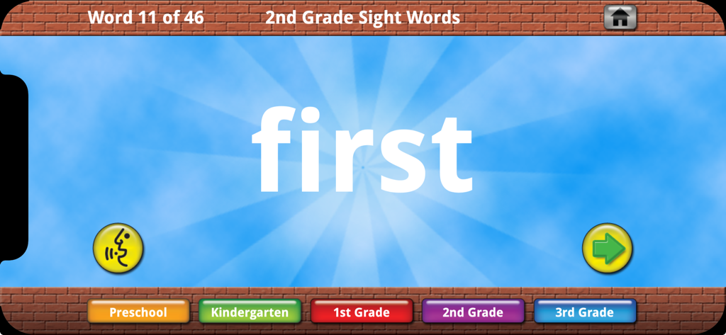 Sight Words Educational App - Flashcard screen for the word first in the 2nd Grade level of the Sight Words Educational App.