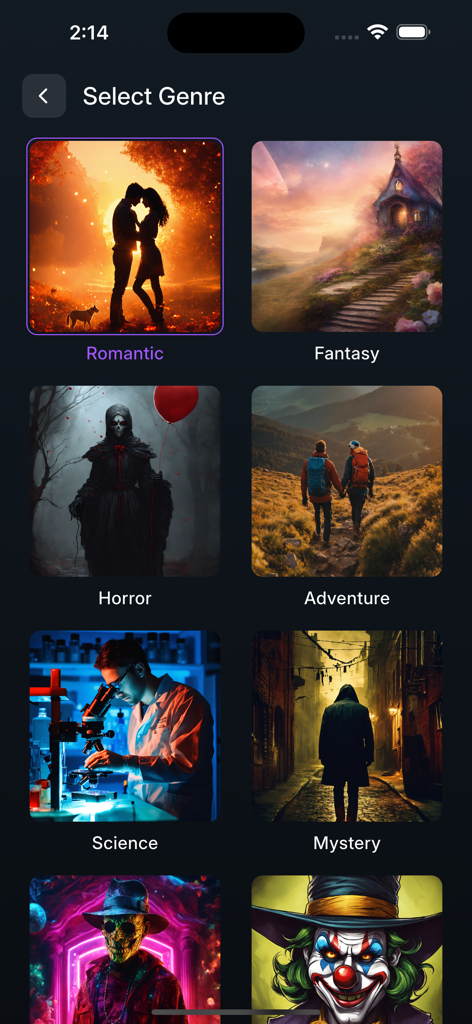 AI Story Creator - Novel Book - Interface of the AI Story Creator app showing a variety of book genres to select from including Romantic, Fantasy, and Horror
