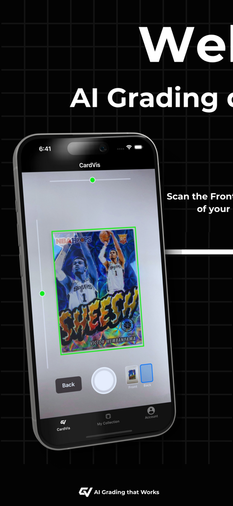 CardVis - Sports & TCG Grading - CardVis app interface scanning a basketball card for AI grading