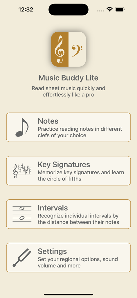 Music Buddy Lite – Learn notes - Pantalla de inicio de la aplicación Music Buddy Lite mostrando módulos de aprendizaje para notas, armaduras e intervalos