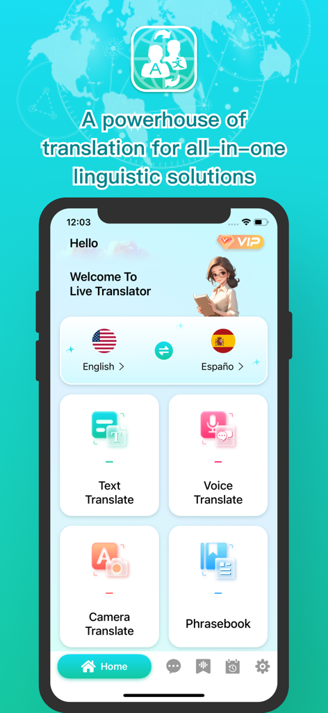 텍스트, 음성, 카메라 번역 및 구문집 옵션을 보여주는 Live Translator 앱의 홈 화면