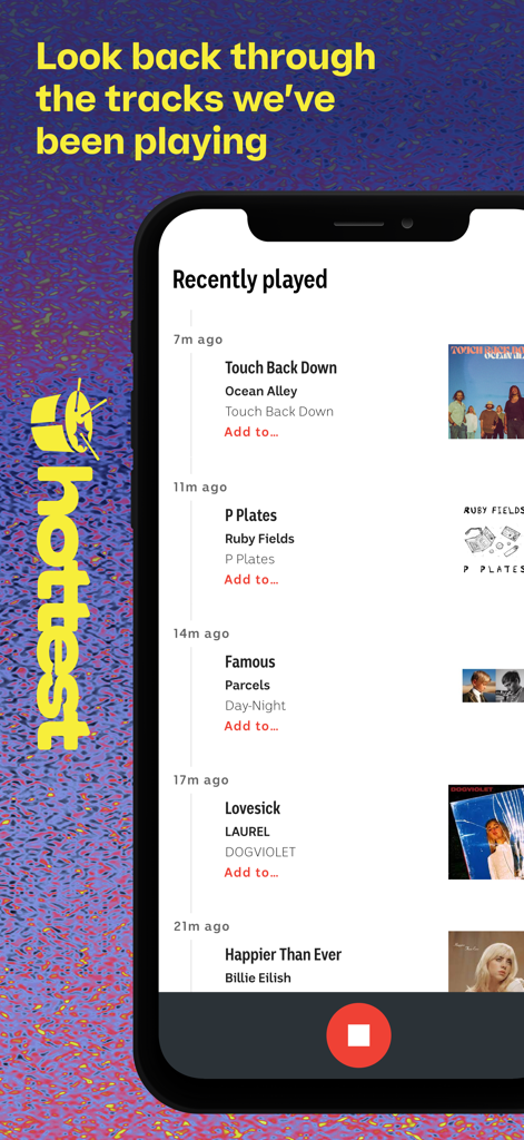 triple j - Oberfläche der triple j-App listet kürzlich gespielte Musiktitel mit der Option, sie zu Playlists hinzuzufügen.