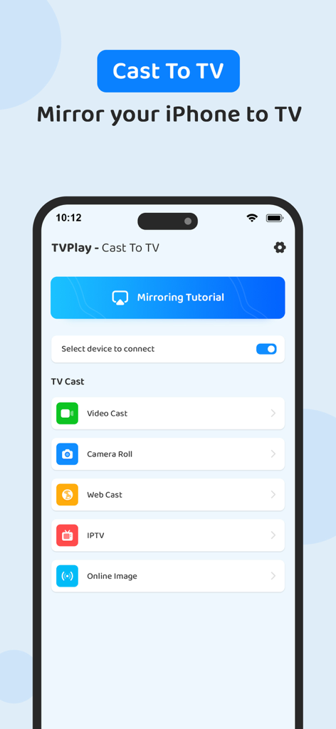 Screen Mirroring Cast to TV - Interfaz de usuario de la aplicación de screen mirroring TVPlay en un iPhone mostrando opciones para transmisión de video y screen mirroring