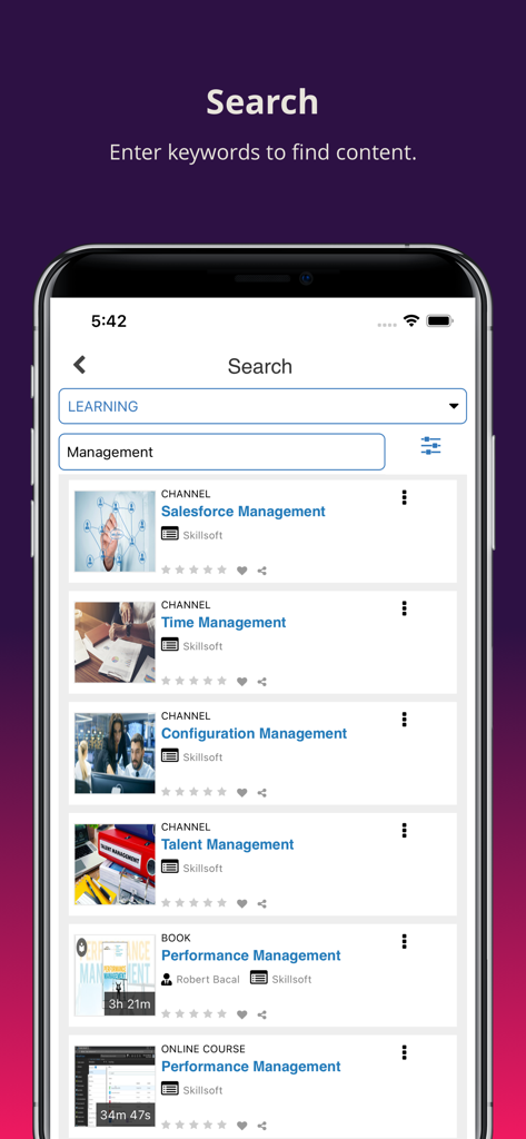 Search interface of the SumTotal Mobile app displaying various corporate training courses for management.