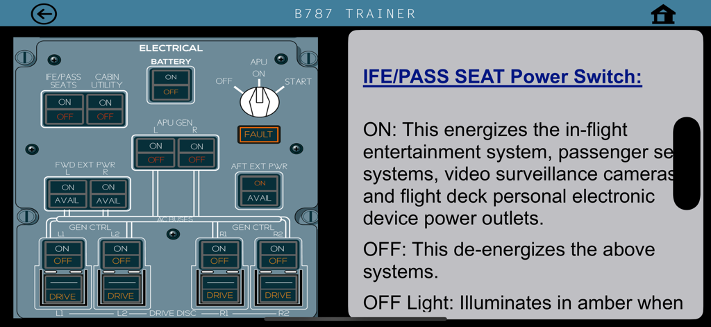 B787 Cockpit Pilot Trainer - Detailed view of the B787 electrical panel and IFE seat power switch explanation in the cockpit pilot trainer app