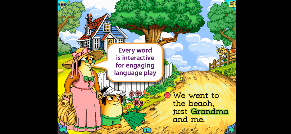 Little Critter and Grandma in a colorful interactive storybook scene with highlighted words