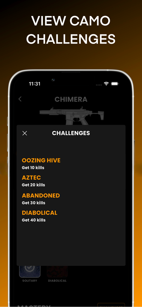BO7 Camo Tracker - Una lista de desafíos de camuflaje de armas y requisitos de bajas en la aplicación BO7 Camo Tracker