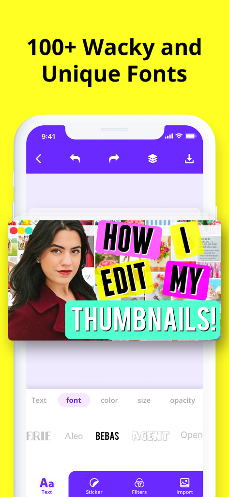 Thumbnail Maker: YT Banner Art - Smartphone interface of the Thumbnail Maker app showcasing a variety of wacky and unique fonts for video thumbnails.