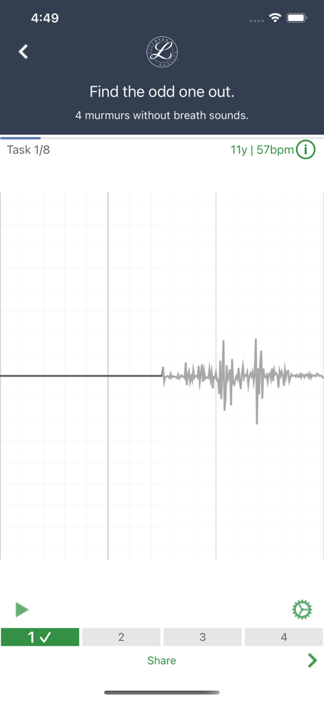 Littmann™ University - Prueba de identificación de sonidos cardíacos con forma de onda en la aplicación Littmann University.