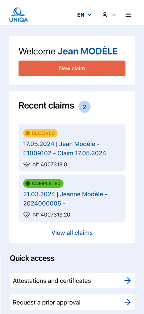 Dashboard dell'app mobile myUNIQA che mostra un profilo utente con gli stati delle richieste recenti e accesso rapido ai documenti assicurativi