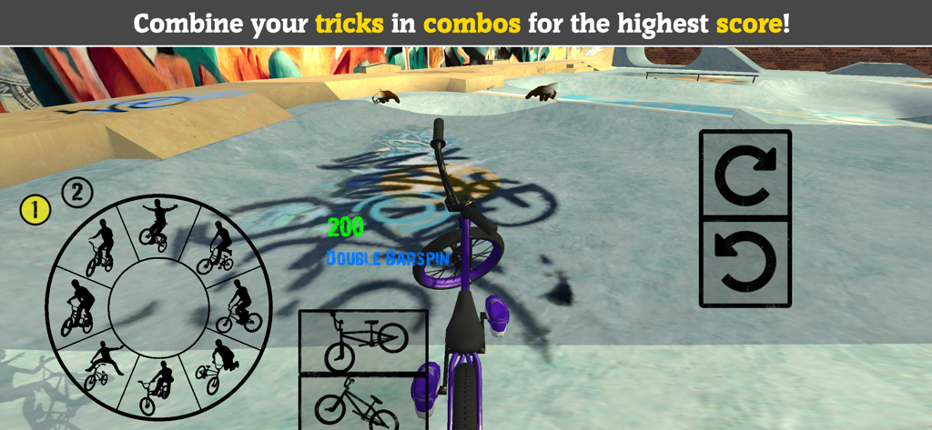 BMX FE3D 2 - A screenshot of BMX FE3D 2 gameplay showing a rider performing a double barspin trick and the trick selection wheel in a skate park.