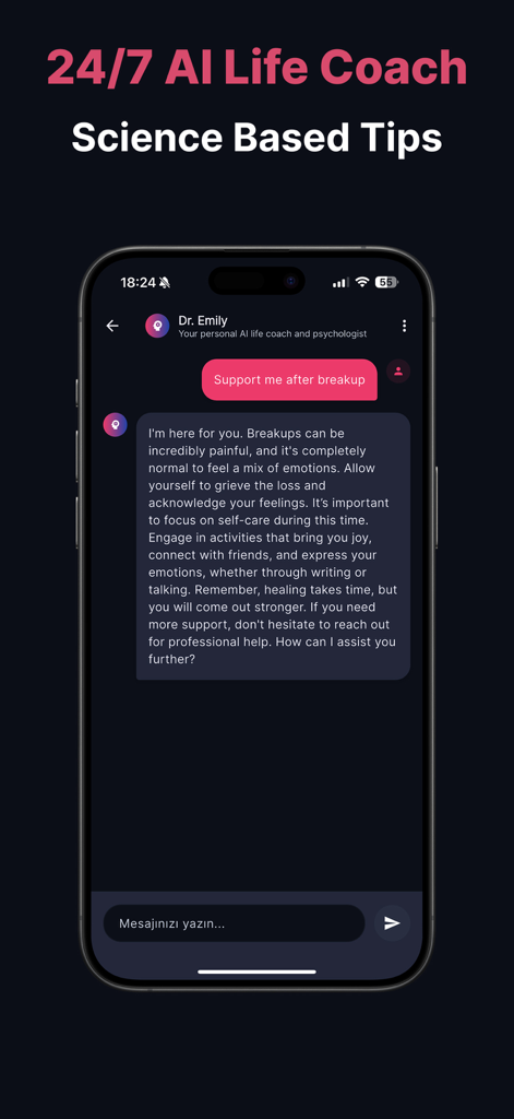 Una schermata di un'app mobile che mostra un'interfaccia di chat con un life coach AI che fornisce supporto emotivo dopo una rottura