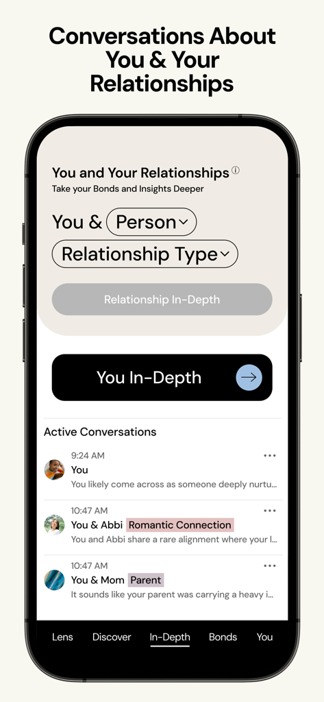 L'interfaccia dell'app The Pattern che presenta conversazioni relazionali approfondite e approfondimenti sulla personalità.