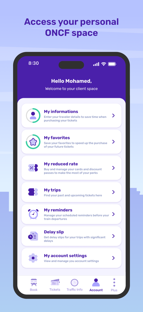 ONCF Voyages - Espacio personal del cliente en la app ONCF Voyages para gestionar detalles de viajes en tren y favoritos