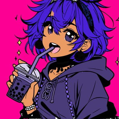 hot baddie anime girl drinking boba and biting the straw