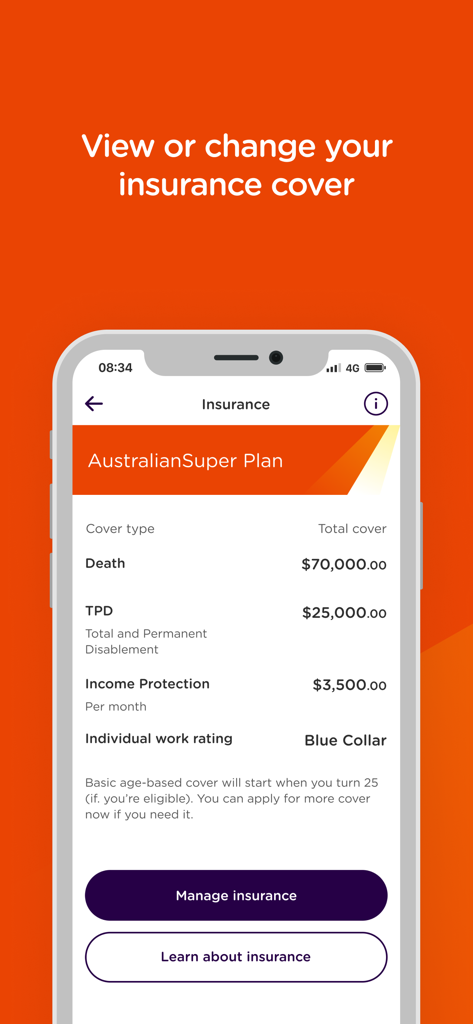 AustralianSuper - A mobile screen from the AustralianSuper app showing insurance cover details including death, TPD, and income protection balances.