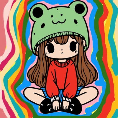 a girl wearing a frog hat and some frog socks