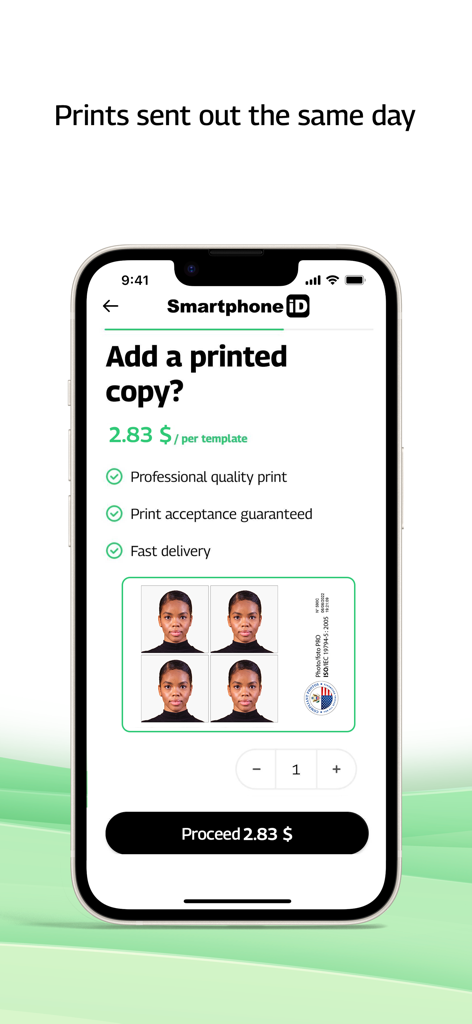 Smartphone iD - Passport photo - Smartphone iD app interface for ordering professional printed passport photos with guaranteed acceptance