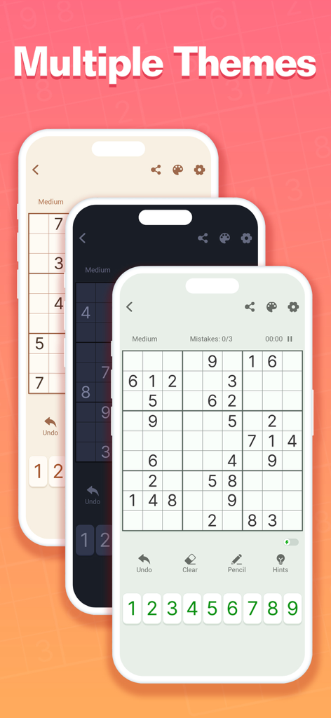 Three smartphones displaying different color themes for Sudoku puzzles including light dark and eye friendly modes