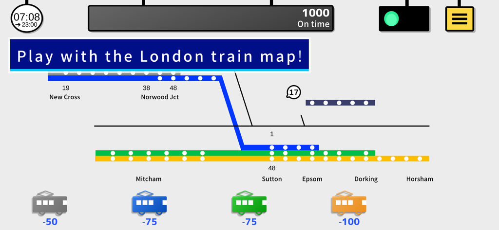 Vista del juego de la simulación de trenes London Dispatcher con un mapa esquemático del ferrocarril.
