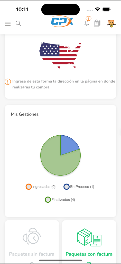 CPX APP - CPX app dashboard showing international shipment status and package management