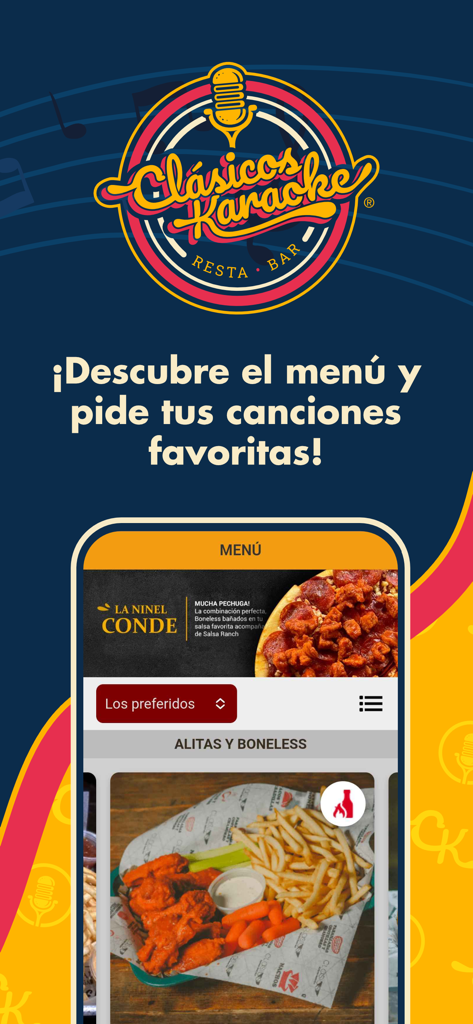 Clasicos Karaoke - Clasicos Karaoke app mockup showing a food menu with a plate of wings and french fries