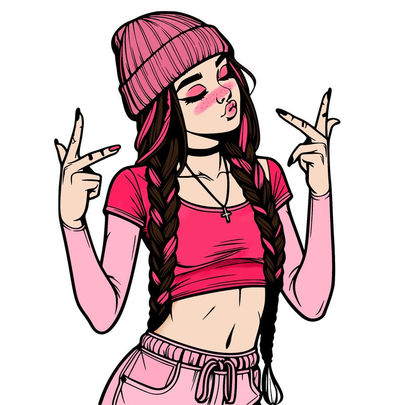 realistic teenage girl with braids and a beanie and crop top doing 🫶🏼