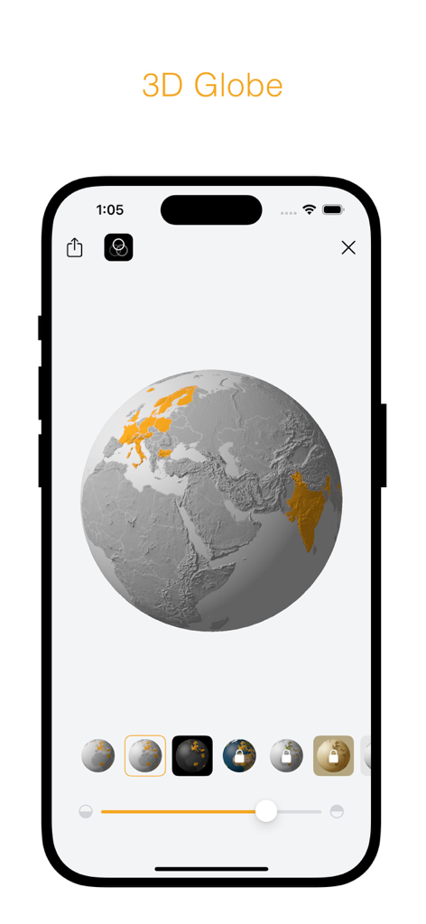 A 3D globe in the been app showing visited countries highlighted in orange